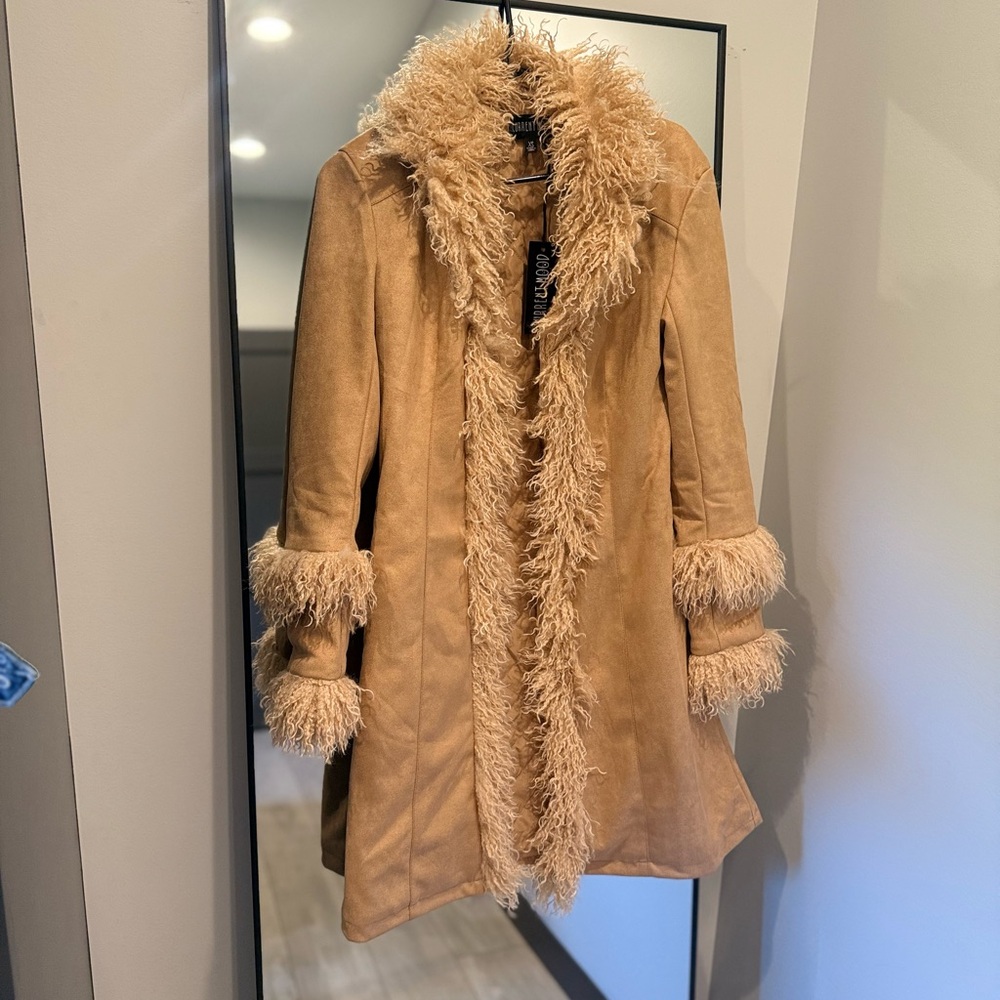 Tan Faux Fur Trim Penny Lane Vintage 60s 70s Inspired Coat Halloween - Picture 2 of 8